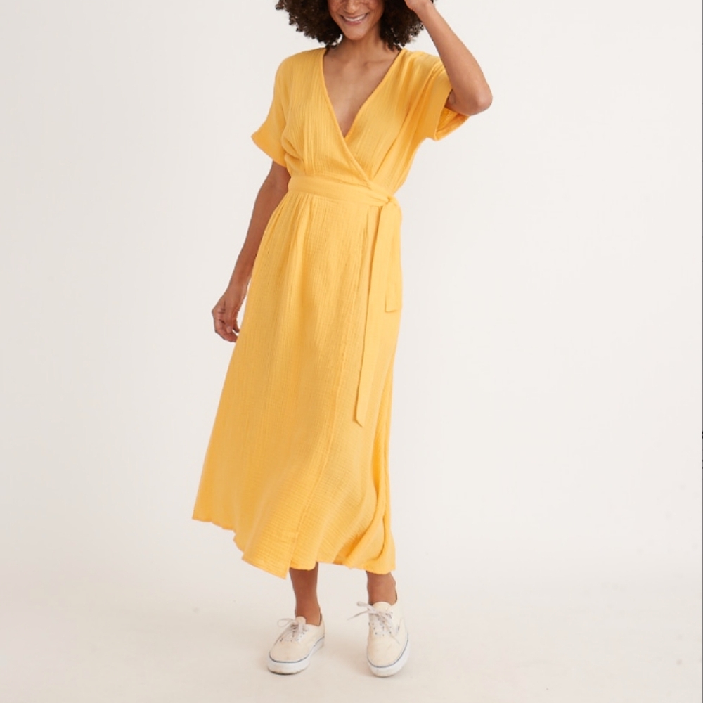 Marine Layer Yellow Wrap Midi Dress